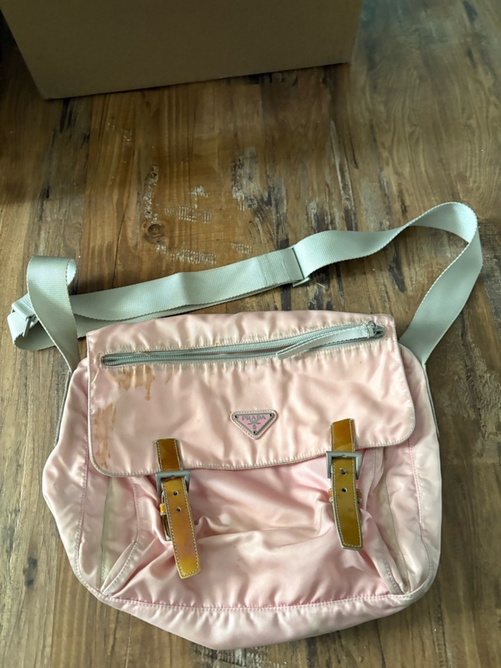 Prada Pale Pink Nylon Crossbody Messenger Bag with Tan Accents